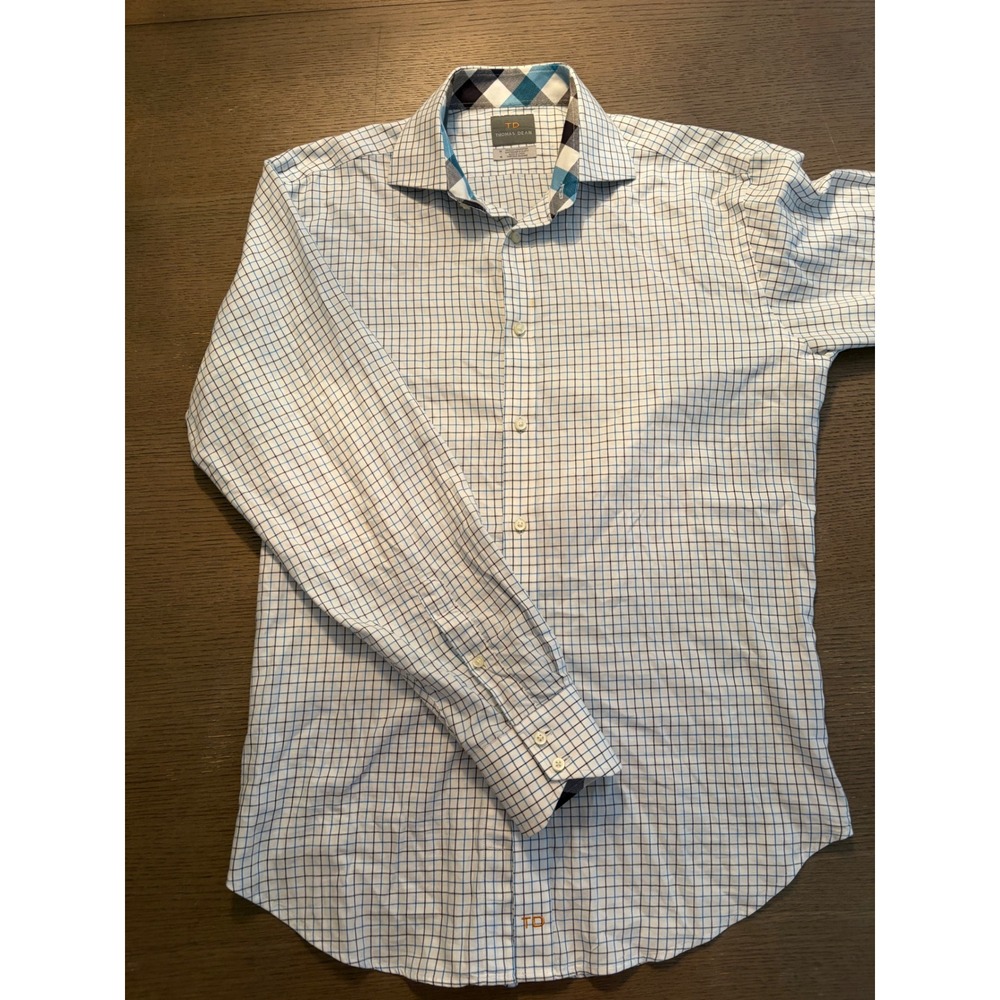 Thomas Dean Mens White Blue Grid Button Down Shirt Cotton Long Sleeve Size M
